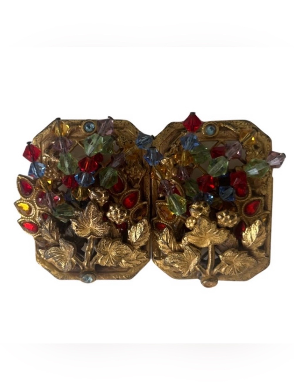 Vintage Interlocking Belt Buckle Wired Glass Bead Brass Haskell Style 1940s 50’s